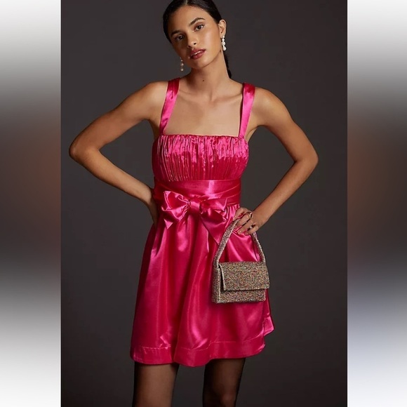 Anthropologie Satin bow Mini Dress Size 6 - Picture 1 of 8